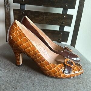 Anyi Lu Open Toe Croc Print Buckle Heel Size 37 1/2